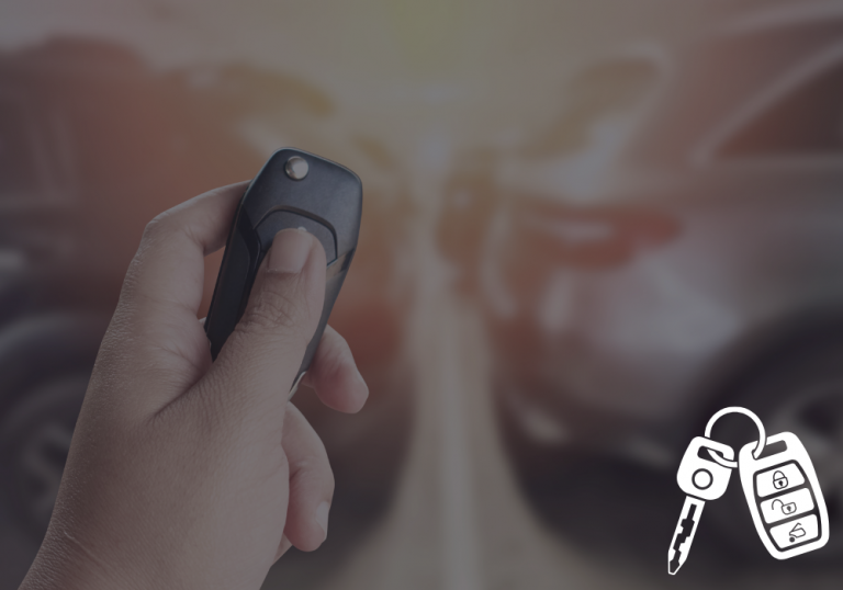 Man holding a car transponder key and car remote pointing it to a car to open the car