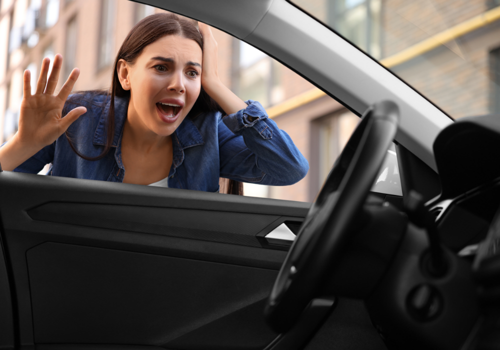 Young-woman-locked-outside-of-her-car-looking-inside-her-car-trying-to-get-in